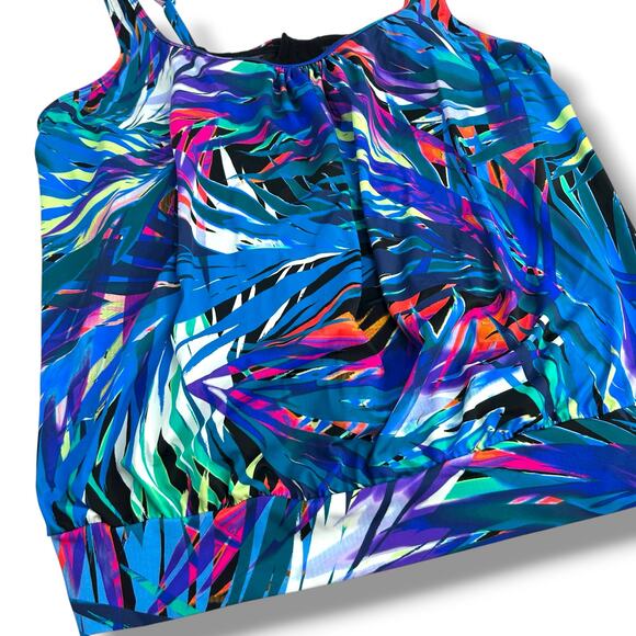 NWT Swim Solutions Blue Blouson Tankini Top SZ 22W Loose Fit Underwire Tropical - Picture 4 of 10